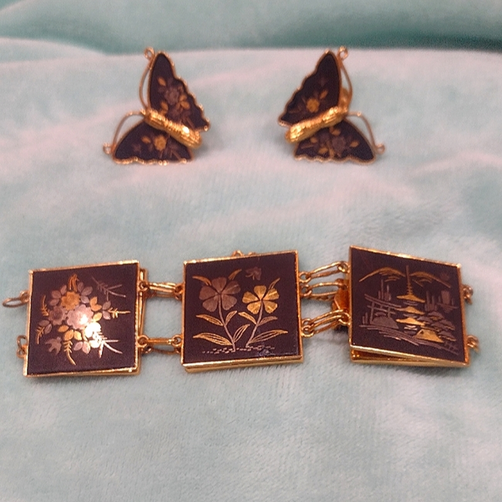 Amita Damascene Japanese Bracelet with Matching Earrings